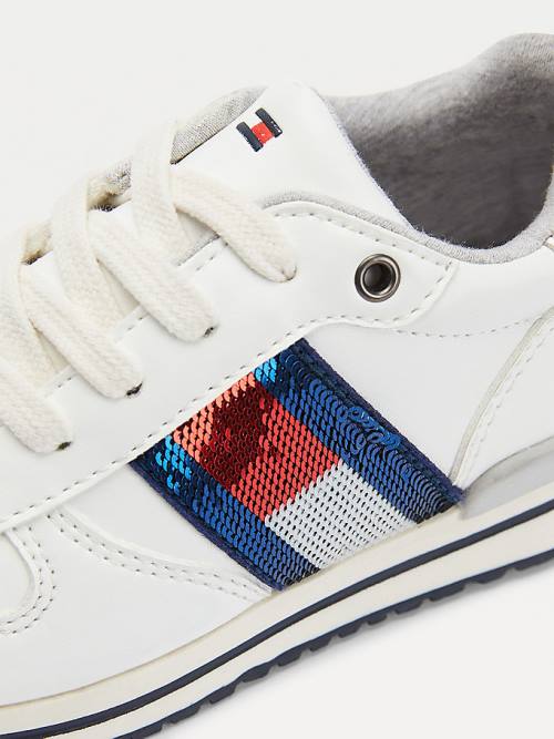 White Tommy Hilfiger Metallic Flag Lace-Up Girls' Sneakers | TH034HBJ