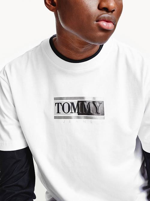 White Tommy Hilfiger Metallic Logo Organic Cotton Classic Men's T Shirts | TH560MRQ