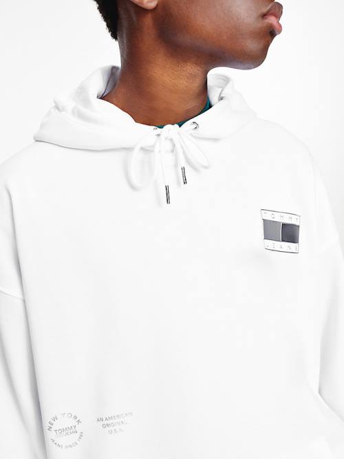 White Tommy Hilfiger Metallic Relaxed Fit Men's Hoodie | TH139SUP