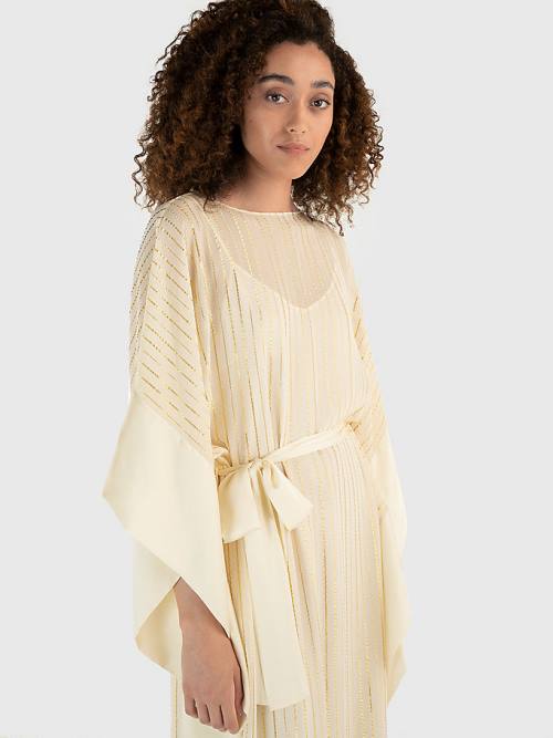 White Tommy Hilfiger Metallic Stripe Kaftan Women's Dress | TH687HTX