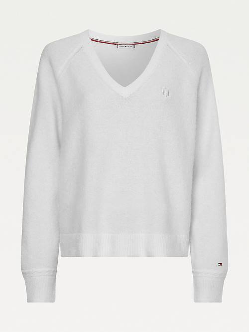 White Tommy Hilfiger Monogram Embroidery Relaxed Fit V-Neck Jumper Women's Sweaters | TH039CTR