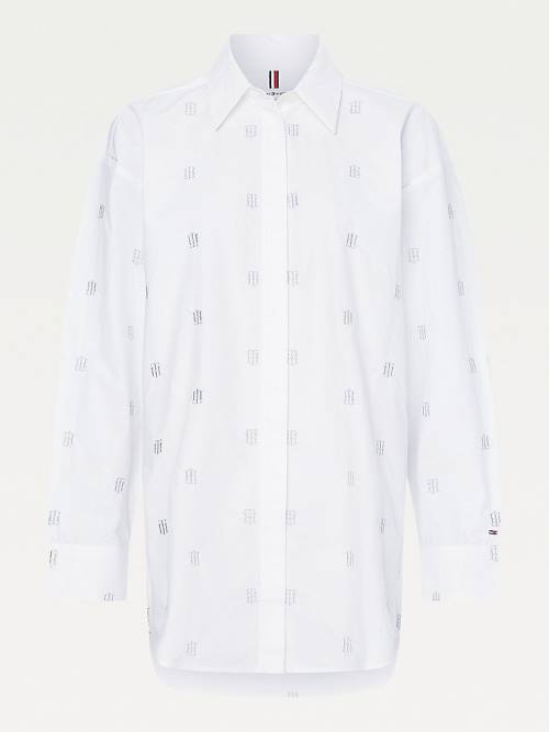 White Tommy Hilfiger Monogram Embroidery Boyfriend Fit Women's Shirts | TH832QMD