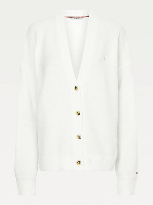 White Tommy Hilfiger Monogram Embroidery Relaxed Fit Alpaca Cardigan Women's Sweaters | TH945NJA