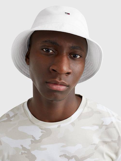 White Tommy Hilfiger Organic Cotton Flag Embroidery Bucket Men's Hats | TH481PDZ