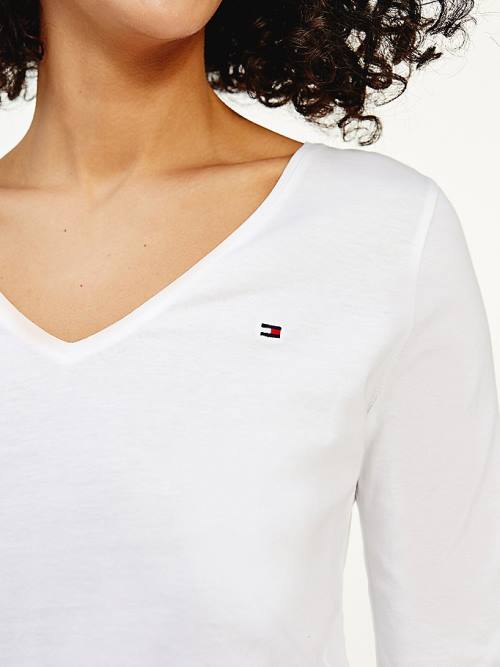 White Tommy Hilfiger Organic Cotton Long Sleeve V-Neck Women's T Shirts | TH107ZXF