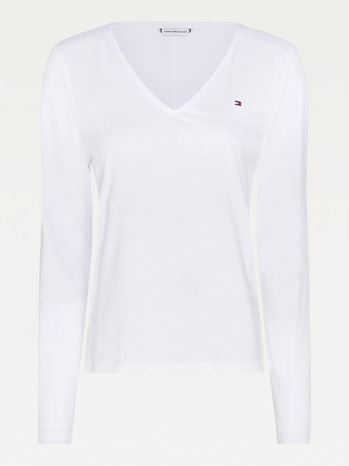 White Tommy Hilfiger Organic Cotton Long Sleeve V-Neck Women's T Shirts | TH107ZXF