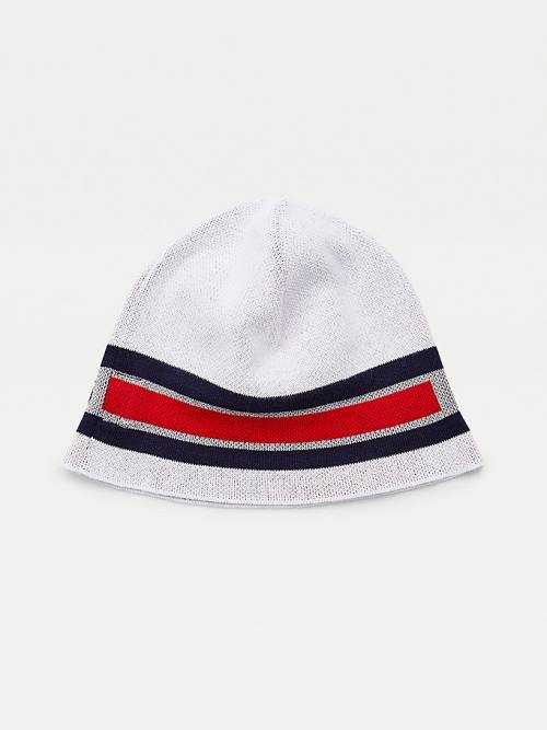 White Tommy Hilfiger Organic Cotton Reflective Logo Beanie Men's Hats | TH645TWJ