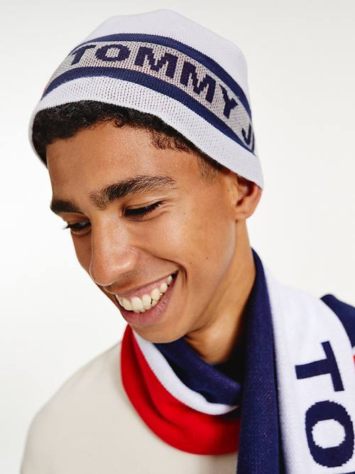 White Tommy Hilfiger Organic Cotton Reflective Logo Beanie Men's Hats | TH645TWJ