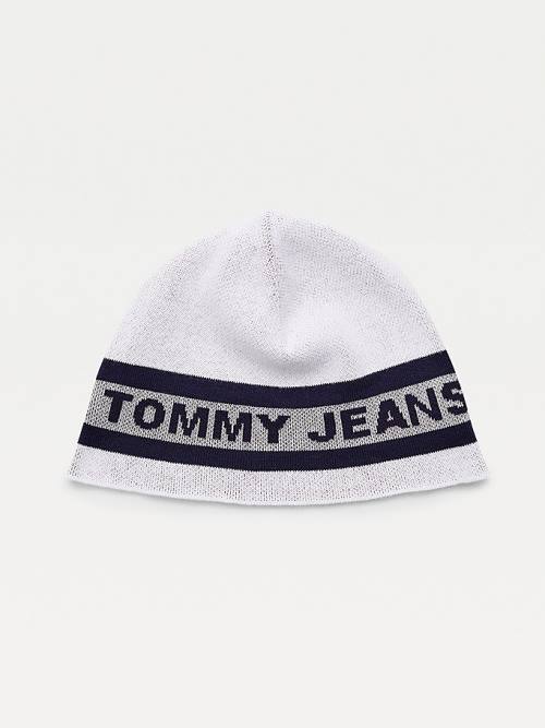 White Tommy Hilfiger Organic Cotton Reflective Logo Beanie Men\'s Hats | TH645TWJ