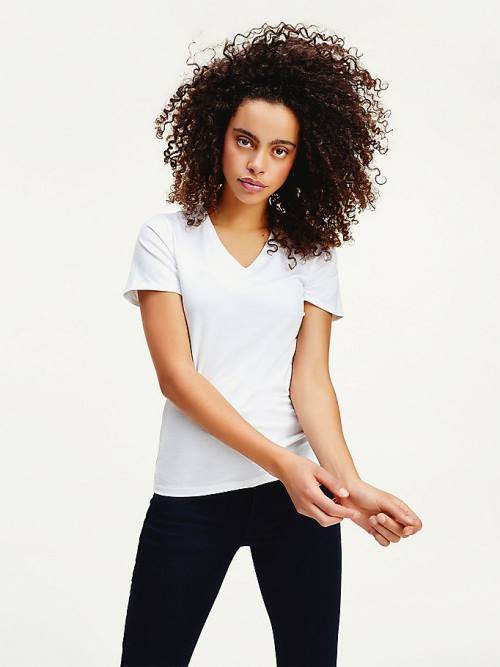 White Tommy Hilfiger Organic Cotton Skinny Fit V-Neck Women's T Shirts | TH130VDL