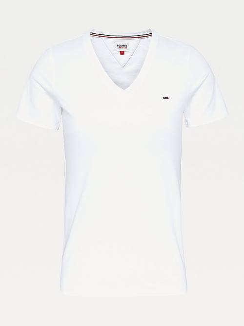 White Tommy Hilfiger Organic Cotton Skinny Fit V-Neck Women's T Shirts | TH130VDL