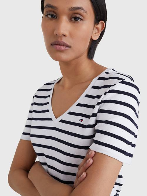 White Tommy Hilfiger Organic Cotton Slim Fit V-Neck Women's T Shirts | TH867CER