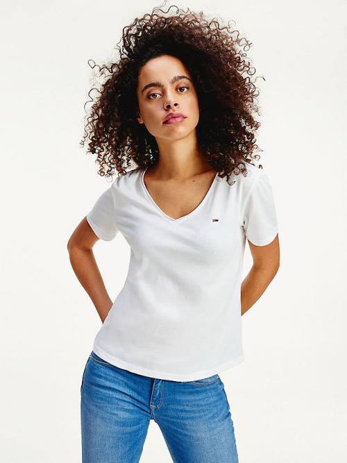 White Tommy Hilfiger Organic Cotton V-Neck Slim Fit Women's T Shirts | TH023CVR