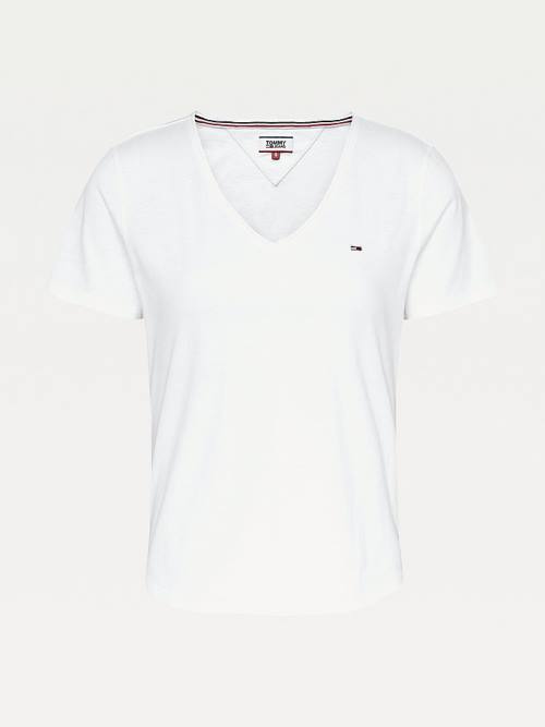 White Tommy Hilfiger Organic Cotton V-Neck Slim Fit Women's T Shirts | TH023CVR