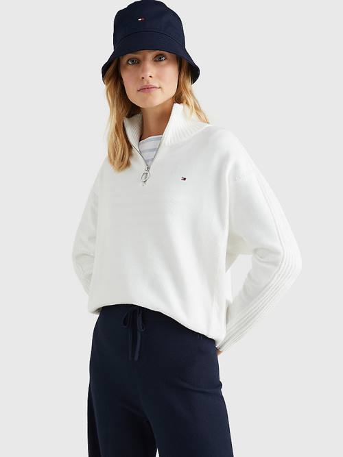 White Tommy Hilfiger Oversized Half-Zip High Neck Jumper Women\'s Sweaters | TH283ZLT