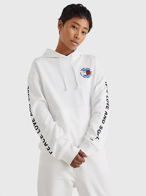 White Tommy Hilfiger Oversized Peace Logo Women\'s Hoodie | TH863QAU