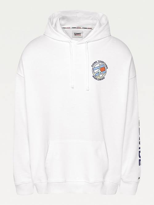 White Tommy Hilfiger Peace Logo Men's Hoodie | TH481ZLS