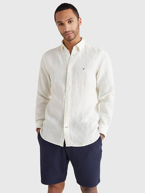 White Tommy Hilfiger Pigment Dyed Regular Fit Linen Men\'s Shirts | TH974ECD