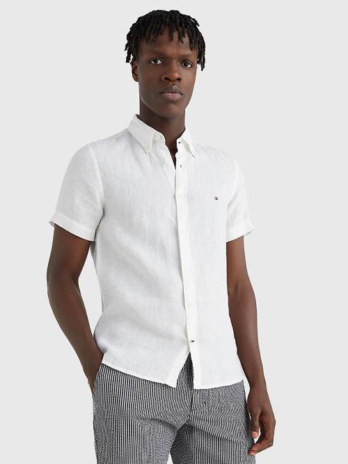 White Tommy Hilfiger Pigment-Dyed Short Sleeve Linen Men's Shirts | TH324ARS