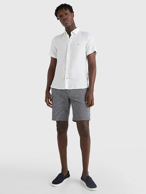 White Tommy Hilfiger Pigment-Dyed Short Sleeve Linen Men's Shirts | TH324ARS