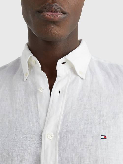 White Tommy Hilfiger Pigment-Dyed Short Sleeve Linen Men's Shirts | TH324ARS