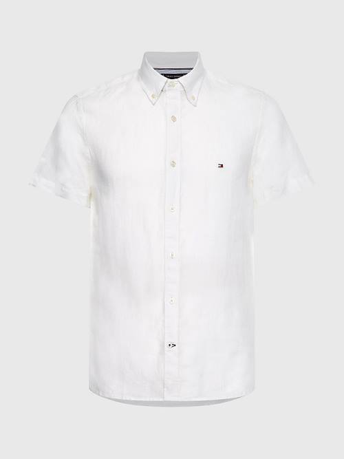 White Tommy Hilfiger Pigment-Dyed Short Sleeve Linen Men\'s Shirts | TH324ARS