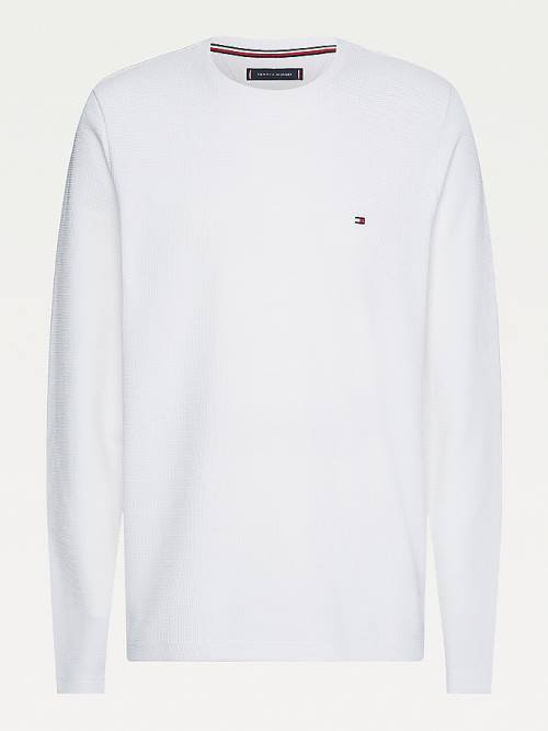 White Tommy Hilfiger Pique Waffle Knit Long Sleeve Men's T Shirts | TH061UYN