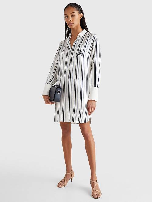 White Tommy Hilfiger Prep Crest Silk Stripe Shirt Women's Dress | TH597EAU