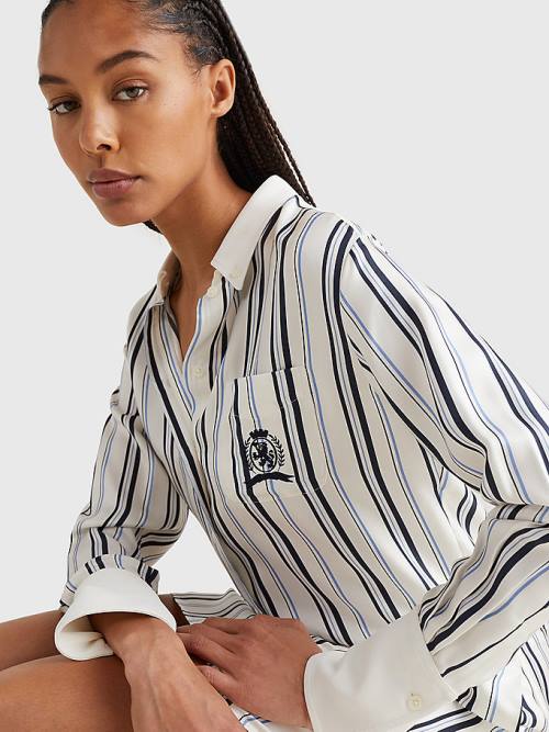 White Tommy Hilfiger Prep Crest Silk Stripe Shirt Women's Dress | TH597EAU