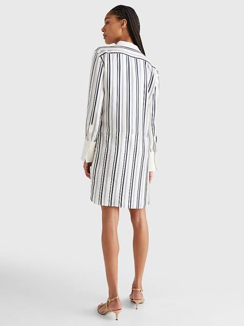 White Tommy Hilfiger Prep Crest Silk Stripe Shirt Women's Dress | TH597EAU