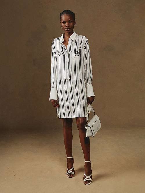 White Tommy Hilfiger Prep Crest Silk Stripe Shirt Women's Dress | TH597EAU