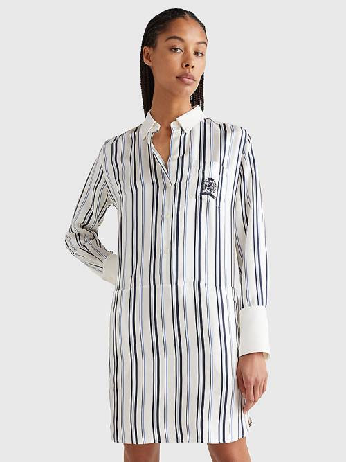 White Tommy Hilfiger Prep Crest Silk Stripe Shirt Women\'s Dress | TH597EAU