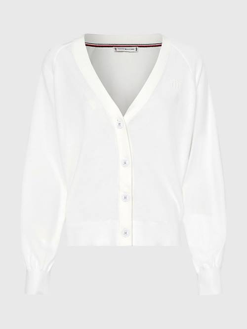 White Tommy Hilfiger Puff Sleeve Relaxed Fit Cardigan Women's Sweaters | TH470ERV