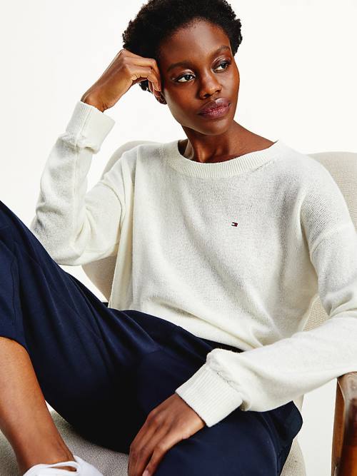 White Tommy Hilfiger Pure Wool Round Neck Jumper Women\'s Sweaters | TH327XNT