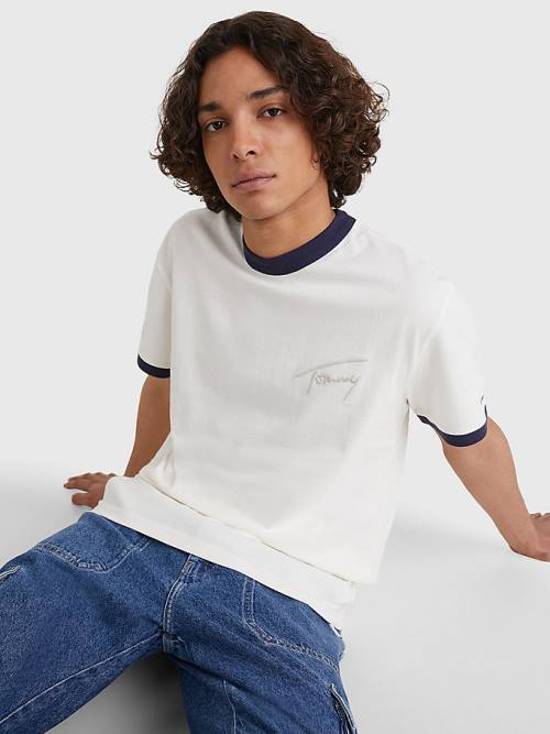 White Tommy Hilfiger Recycled Cotton Signature Logo Men's T Shirts | TH837GEO