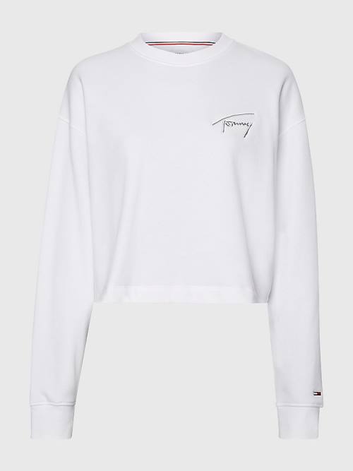 White Tommy Hilfiger Recycled Signature Logo Cropped Women's Sweatshirts | TH410CBT