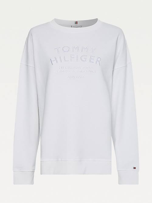 White Tommy Hilfiger Relaxed Fit Text Embroidery Women's Sweatshirts | TH689UNM