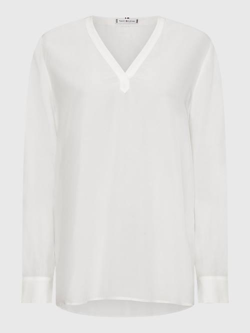 White Tommy Hilfiger Relaxed Fit V-Neck Women's Blouse | TH682MYI