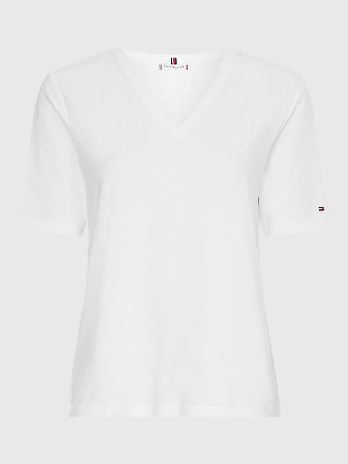 White Tommy Hilfiger Relaxed Fit V-Neck Monogram Women's T Shirts | TH864PAN