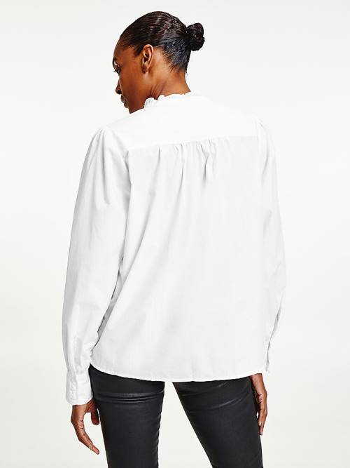 White Tommy Hilfiger Ruffled Mandarin Collar Relaxed Fit Women's Blouse | TH728XVN