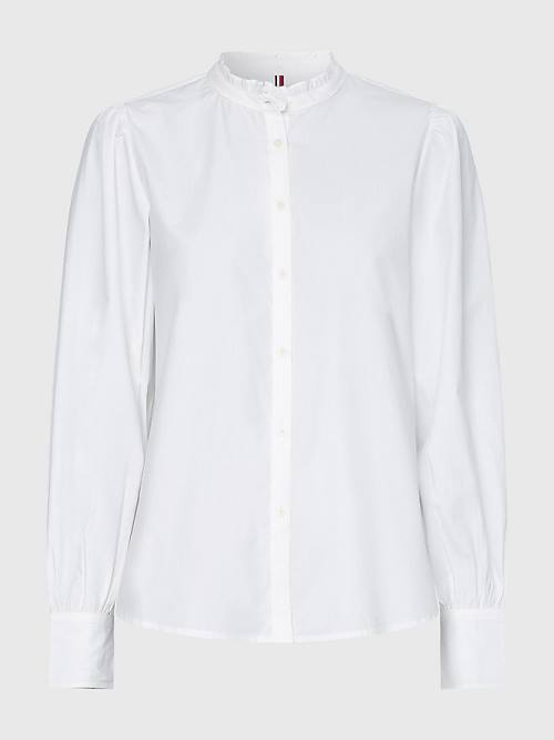 White Tommy Hilfiger Ruffled Mandarin Collar Relaxed Fit Women's Blouse | TH728XVN