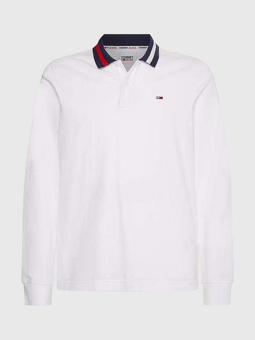 White Tommy Hilfiger Signature Collar Regular Long Sleeve Men's Polo Shirts | TH415EMP