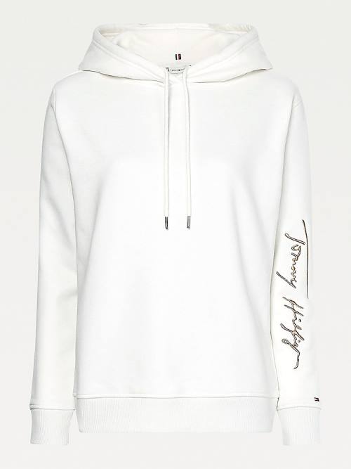 White Tommy Hilfiger Signature Logo Embroidery Women's Hoodie | TH016YKZ