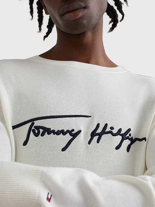 White Tommy Hilfiger Signature Logo Embroidery Jumper Men's Sweaters | TH958COZ