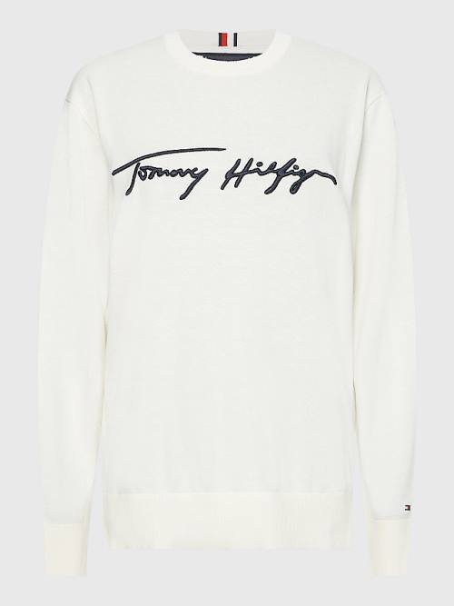 White Tommy Hilfiger Signature Logo Embroidery Jumper Men's Sweaters | TH958COZ