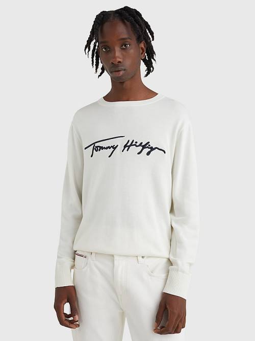 White Tommy Hilfiger Signature Logo Embroidery Jumper Men\'s Sweaters | TH958COZ