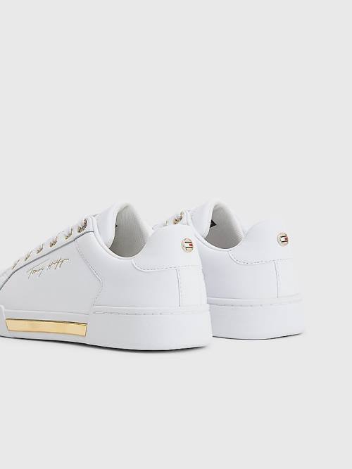 White Tommy Hilfiger Signature Logo Leather Cupsole Women's Sneakers | TH149OGC