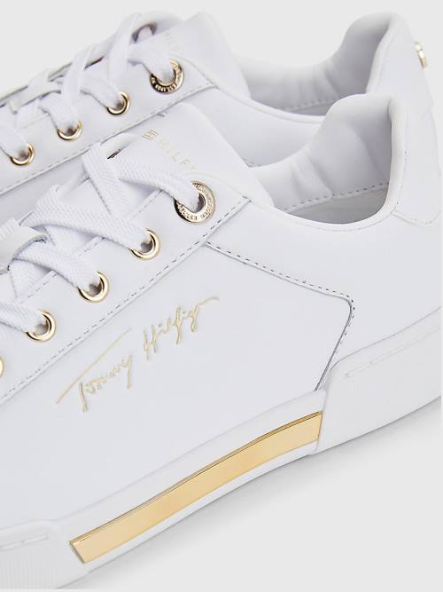 White Tommy Hilfiger Signature Logo Leather Cupsole Women's Sneakers | TH149OGC