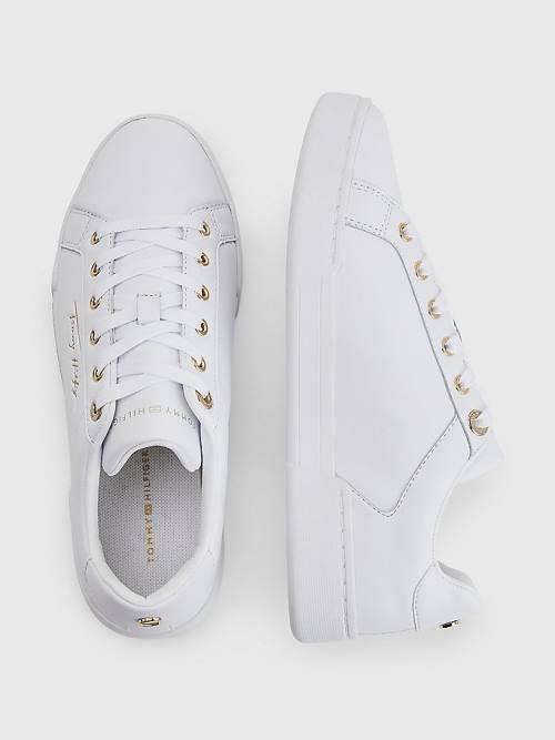 White Tommy Hilfiger Signature Logo Leather Cupsole Women's Sneakers | TH149OGC