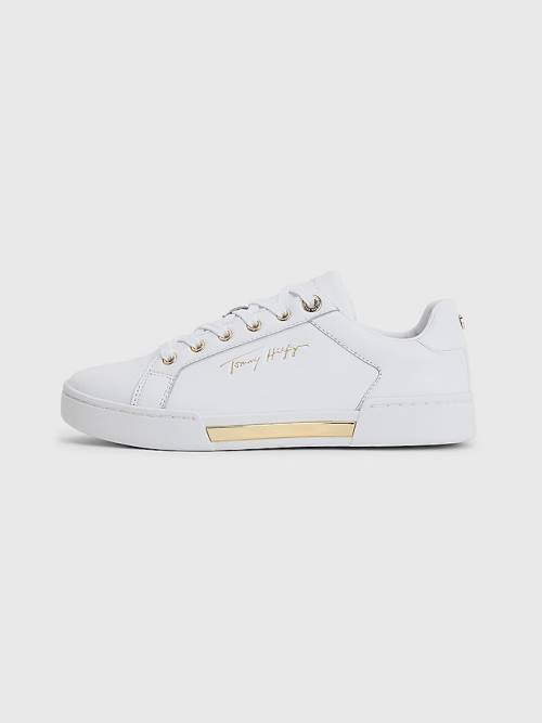 White Tommy Hilfiger Signature Logo Leather Cupsole Women's Sneakers | TH149OGC